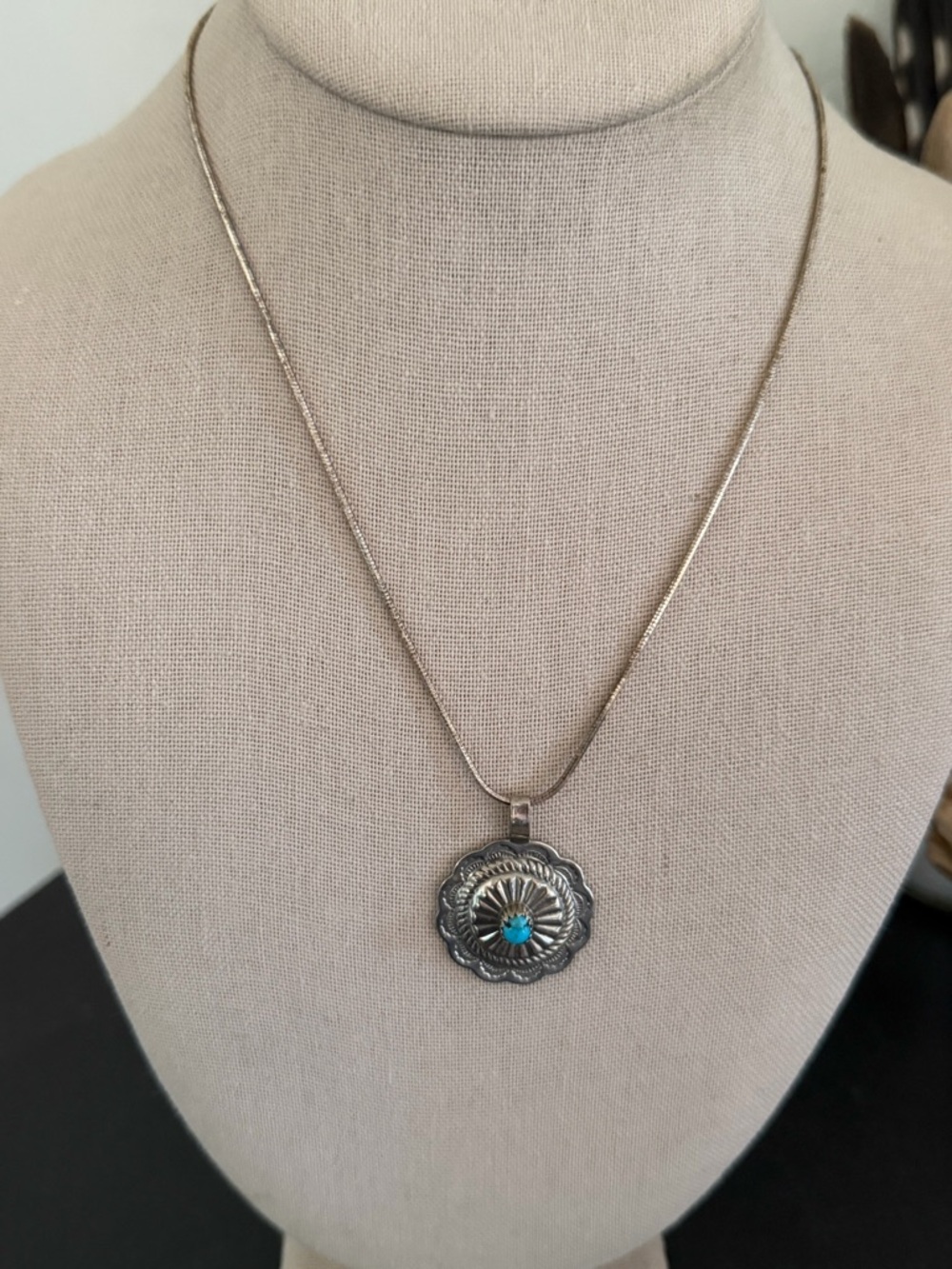 Vintage Sterling Silver & Turquoise Navajo Squash Blossom Pendant Necklace
